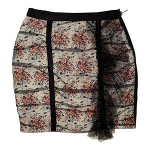 Twelve by Twelve Floral Satin Skirt with Mesh Overlay Ruffle Exposed Zip Retro